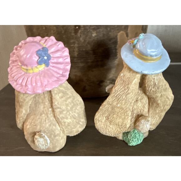 Vintage Easter Bunny Figurines Set Boy Girl Floral Hats Resin Spring Decor - Picture 3 of 6